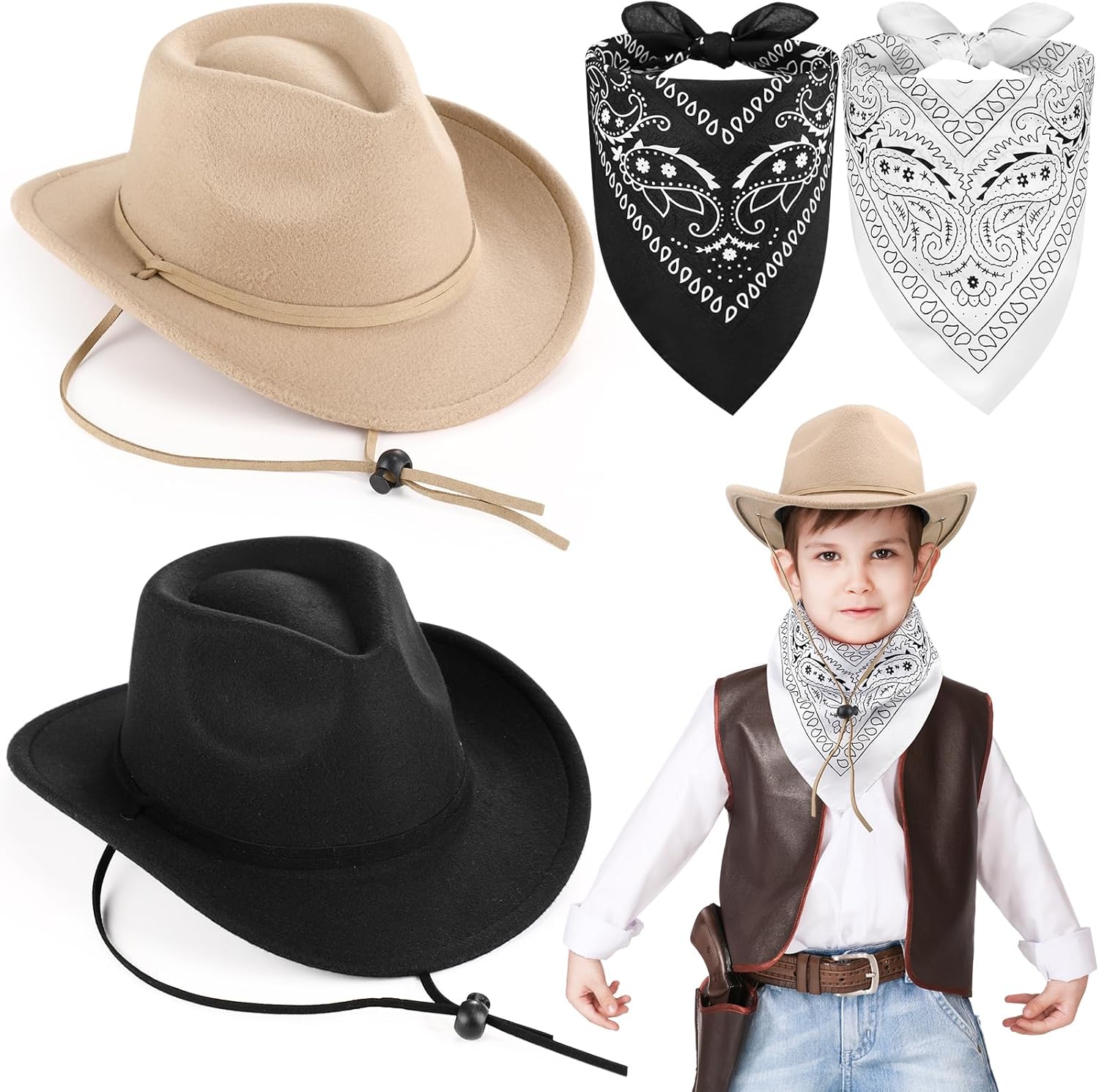 Xtinmee 2 Pcs Kids Cowboy Hat Paisley Scarves for Boys Girls Wool Toddler Cowgirl Hats with Bandana for Kids