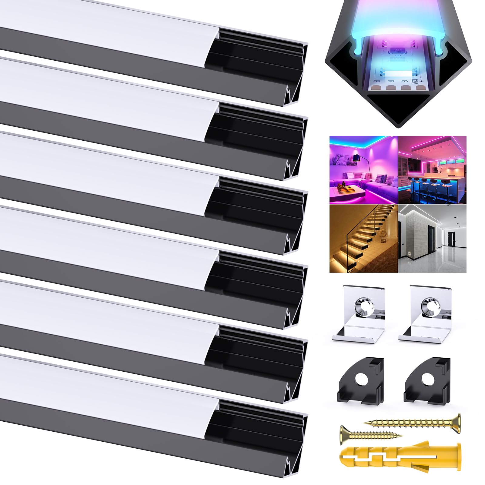 Chesbung 6Pack Schwarz LED Aluminum Kanal mit Milchiger Weißer Abdeckung, V Form Profil Leiste Aluprofil für 12mm LED Streifen/Strip/Band, Stripe Schiene Diffusor Alu Profil