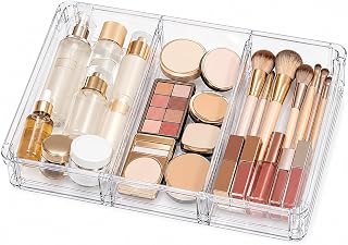 Expandable Makeup Organizer, Clear Drawer Tray with Adjustable Compartments
