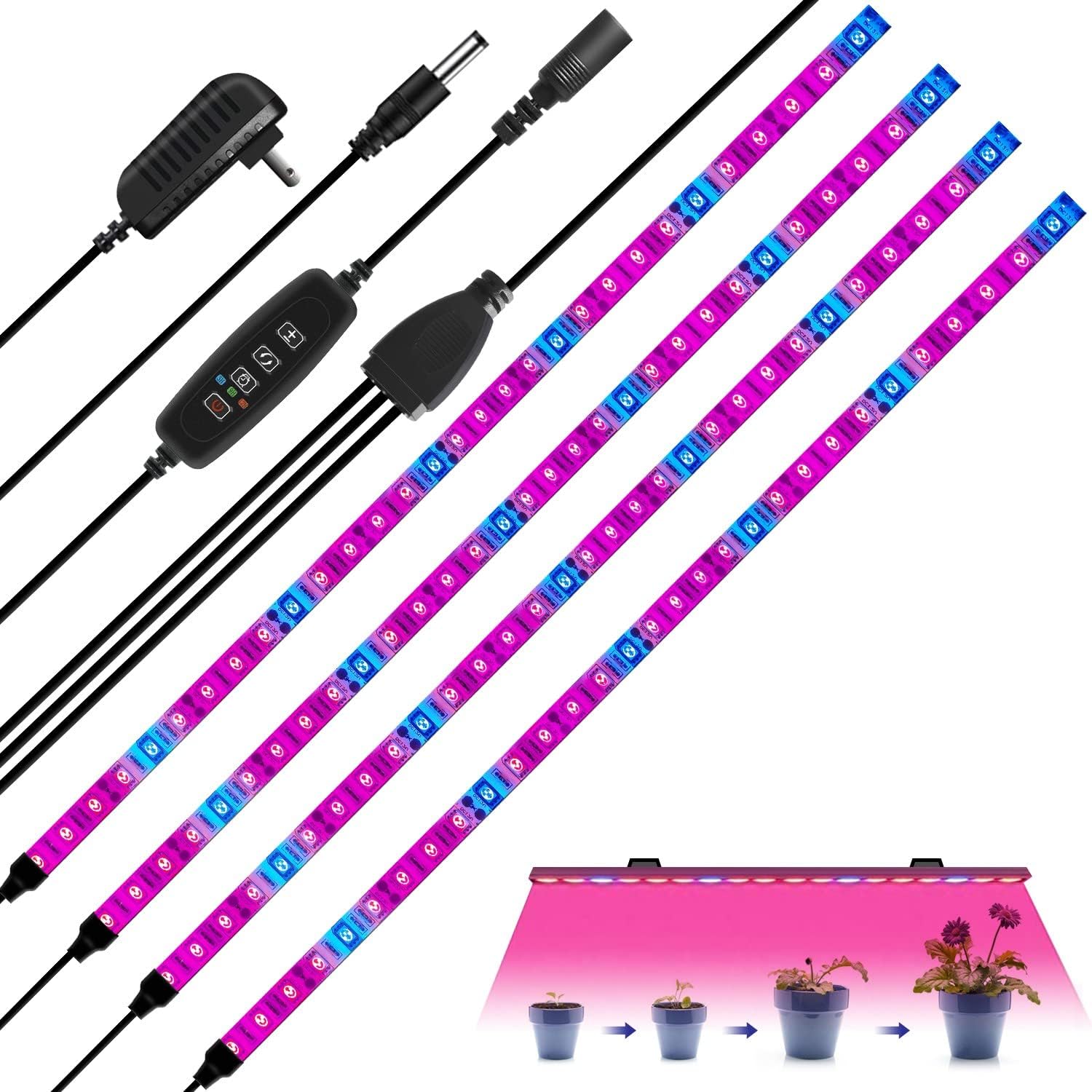 HRDJ LED Grow Light Strips, 4Pcs 1.6ft/Strip Plant Light for Indoor Plants Auto ON&Off with 3/9/12H Timer,10 Dimmable Levels, 24W Flexible Soft Plant Grow Light for Indoor Plants,Plant Growing