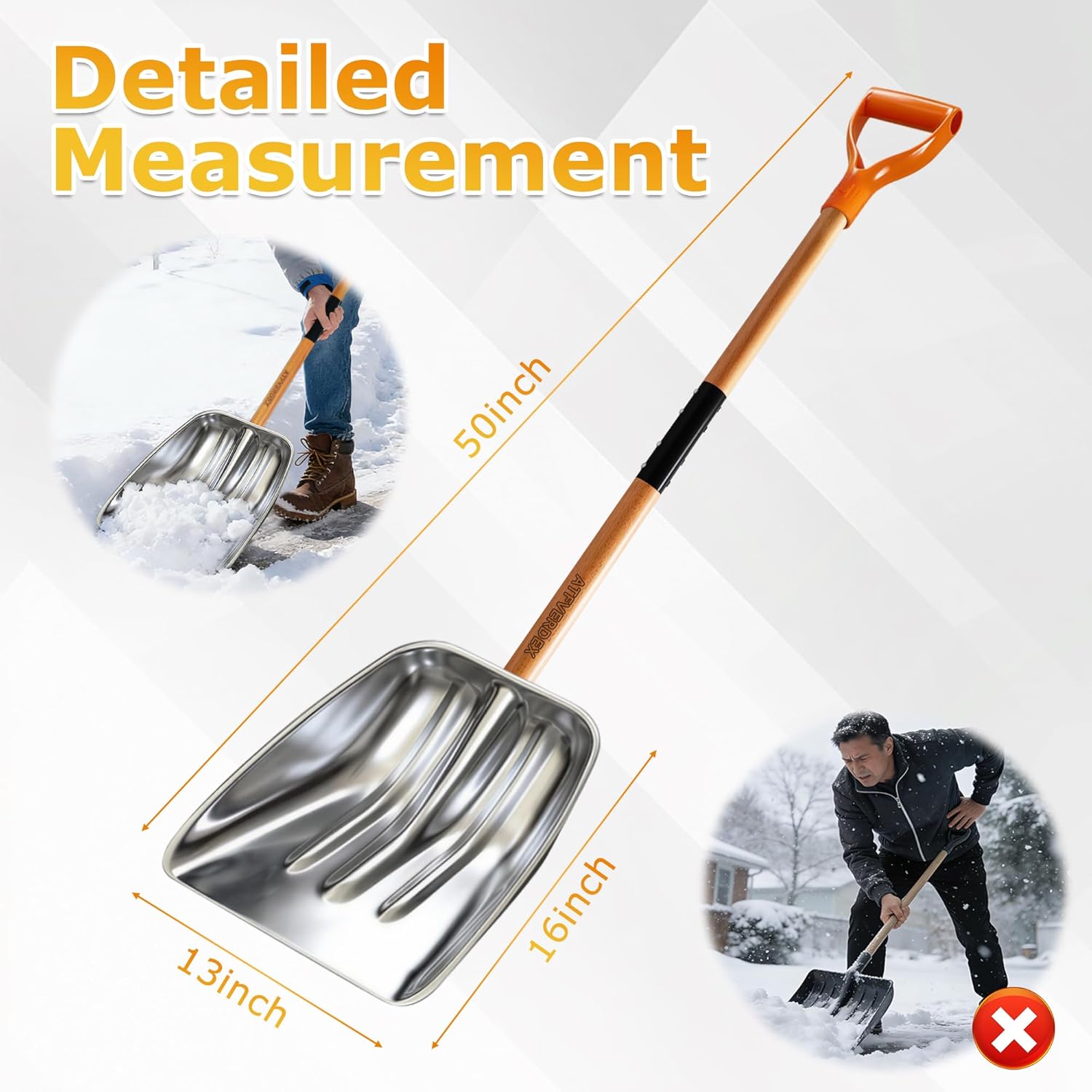 Scoop Shovel,Snow Shovel for Driveway with Non-Slip Wooden Handle and D-Shaped Grip,Quickly Clear the Snow from the Driveway and Yard