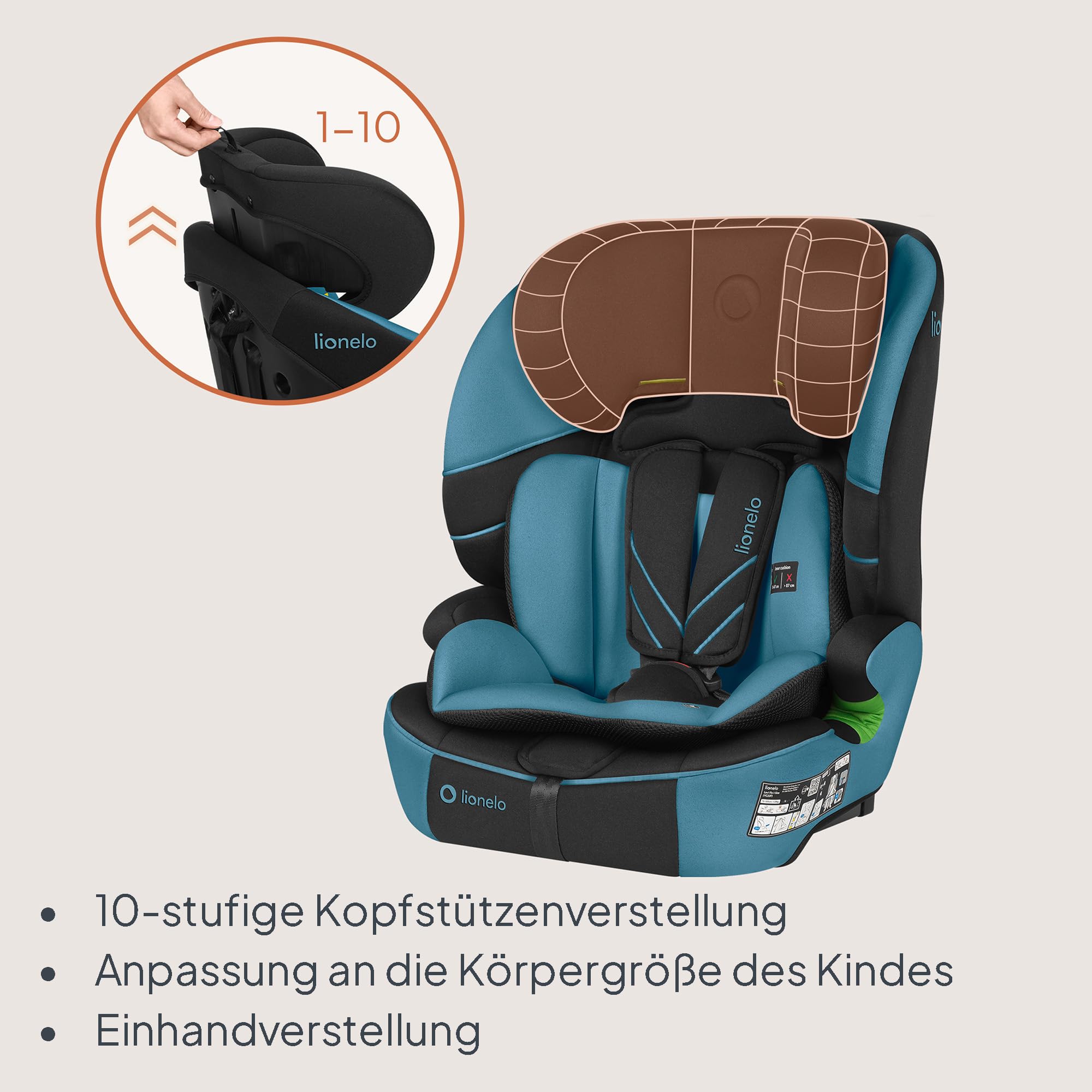 Lionelo LEVI FIX I-SIZE Kindersitz 76-150 cm bis zu 36 kg, Gruppe 1 2 3, Seitenschutz, 10 Grad Kopfstützenverstellung, ISOFIX und Top Tether Montage, R129 i-Size | Seitenschutz, 10 Grad Kopfstützenverstellung, ISOFIX und Top Tether Montage, R129 i-Size