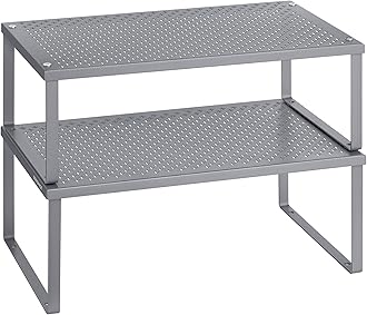 SONGMICS Spice Racks, Set of 2 Metal Cabinet Shelf Organizers, Countertop Organizers, Shelf Risers, Stackable, Expandable, Silver UKCS401G01