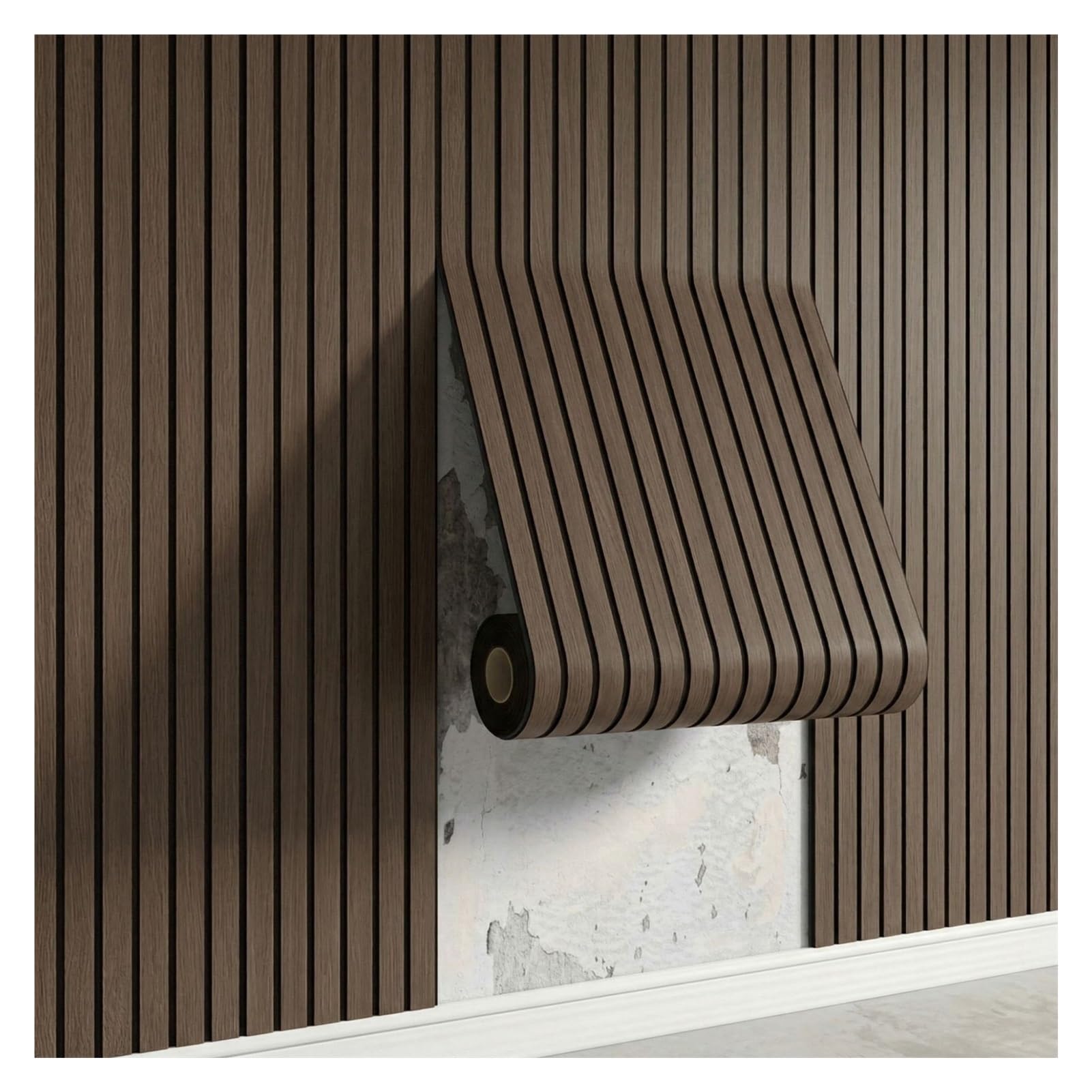 Panel de pared de listones de PVC, panel autoadhesivo de grano de madera sintética, papel pintado 3D insonorizado para decoración del hogar, diseño de listones estriados, fácil de instalar, duradero y