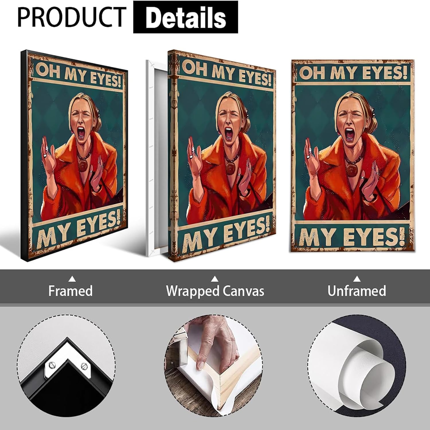 Funny Screaming Woman Quote Wall Art Trendy Oh My Eyes Bathroom Canvas Posters Whimsical Crazy Quirky Humor Prints Painting For Living Room Bathroom Restroom Wall Decor 12x16in Framed