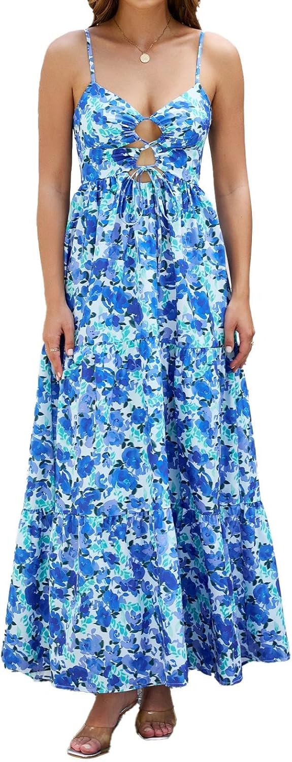 Women Floral Maxi Dress Tie Front Cut Out Backless Boho Spaghetti Strap Summer Beach Sundress