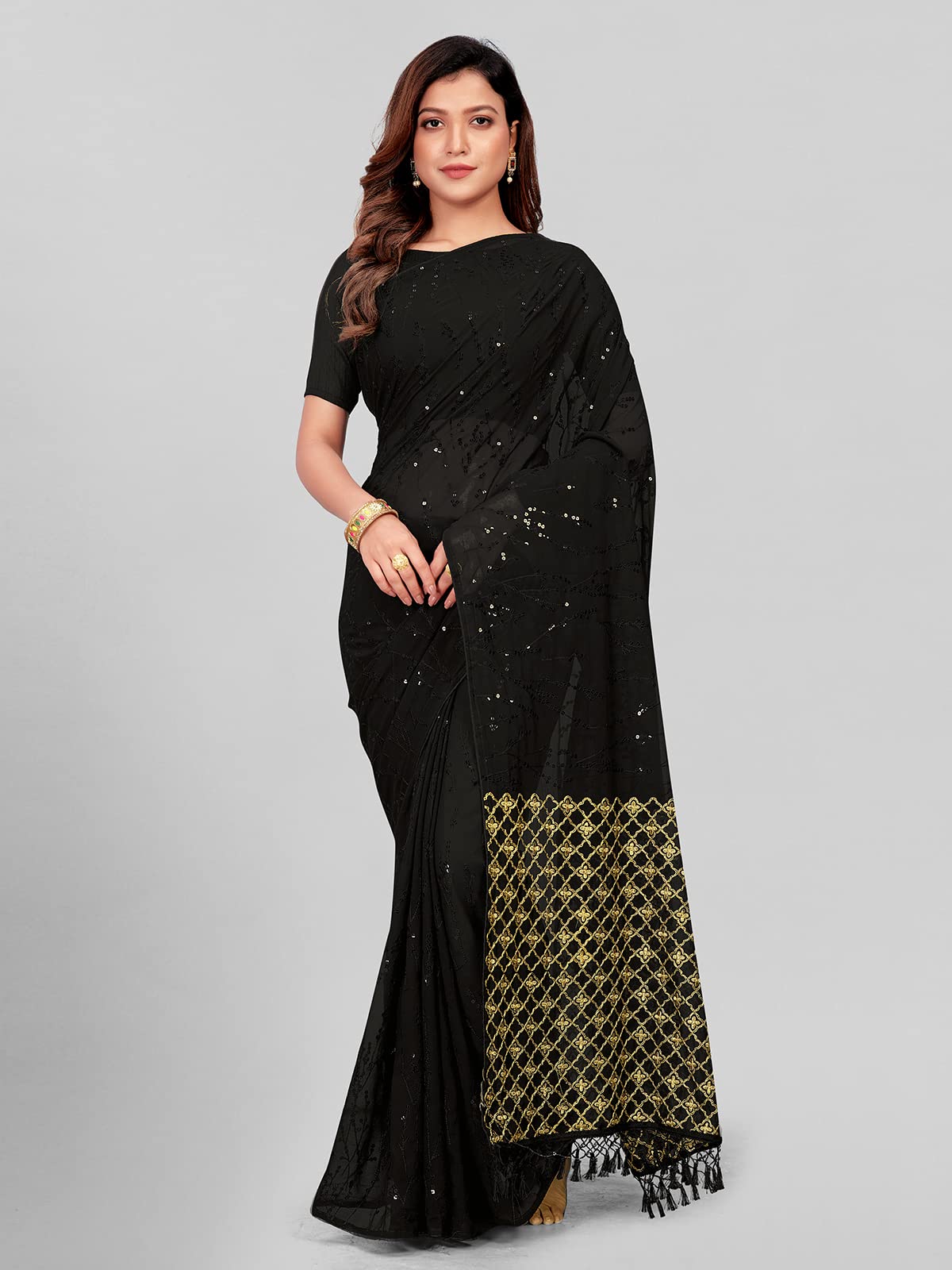 Pratham Blue Women's Sequins Georgette Fancy Saree With Blouse Piece (Pb-290_Black)