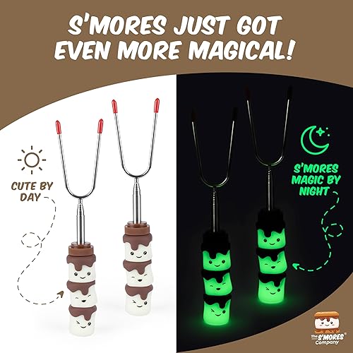Miniatura 4 de The S'mores Company - Varillas para asar malvaviscos que brillan en la oscuridad - Juego de 4 palitos giratorios - Palitos telescópicos extra largos