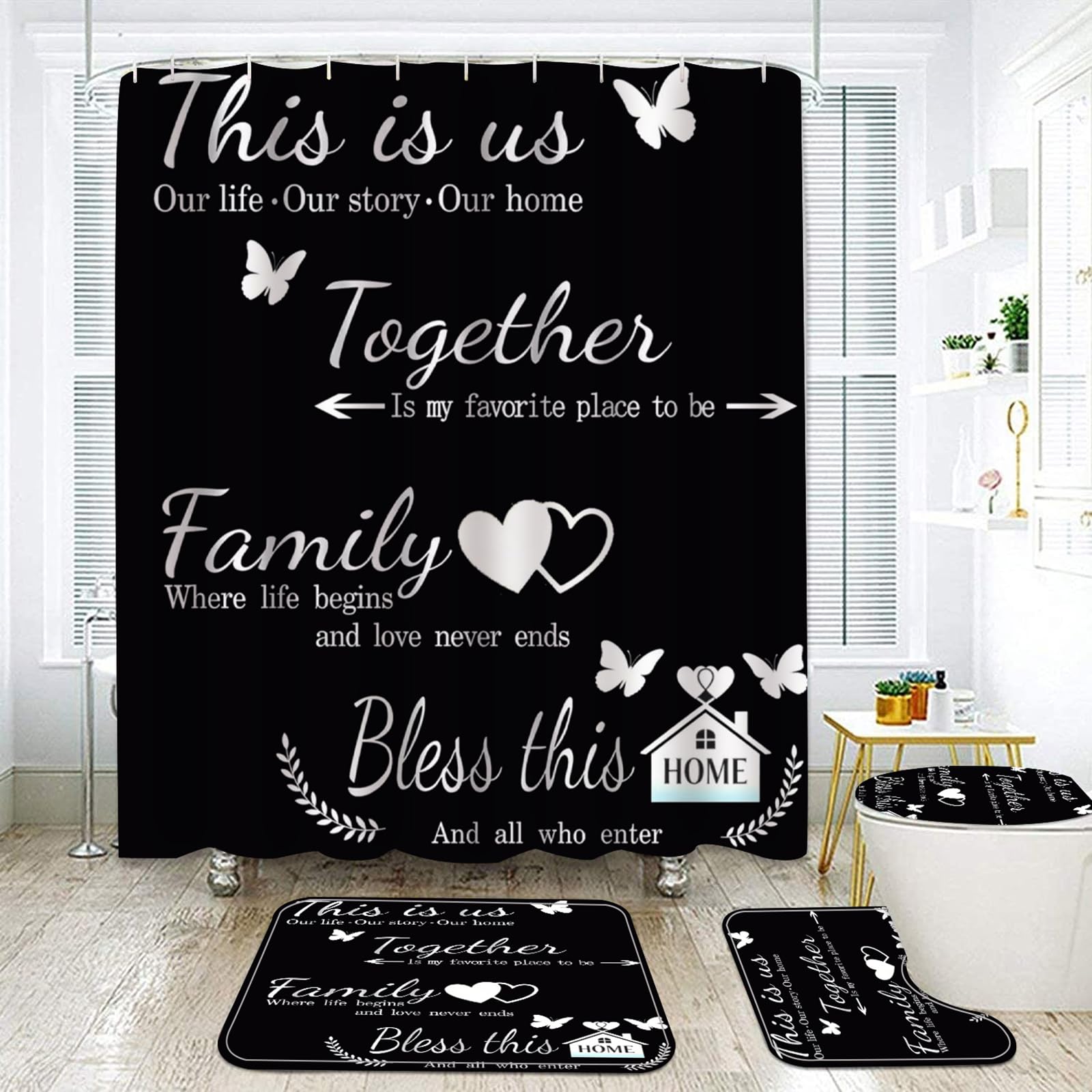 NEWSUYAA Black Bathroom Shower Curtain Set with Family Quotes,4 Pcs Home Inspirational Bath Decor with Non-Slip Bath Mat, Toilet Lid Cover & U-Shape Rug, Modern Farmhouse 72 Inch Hooks