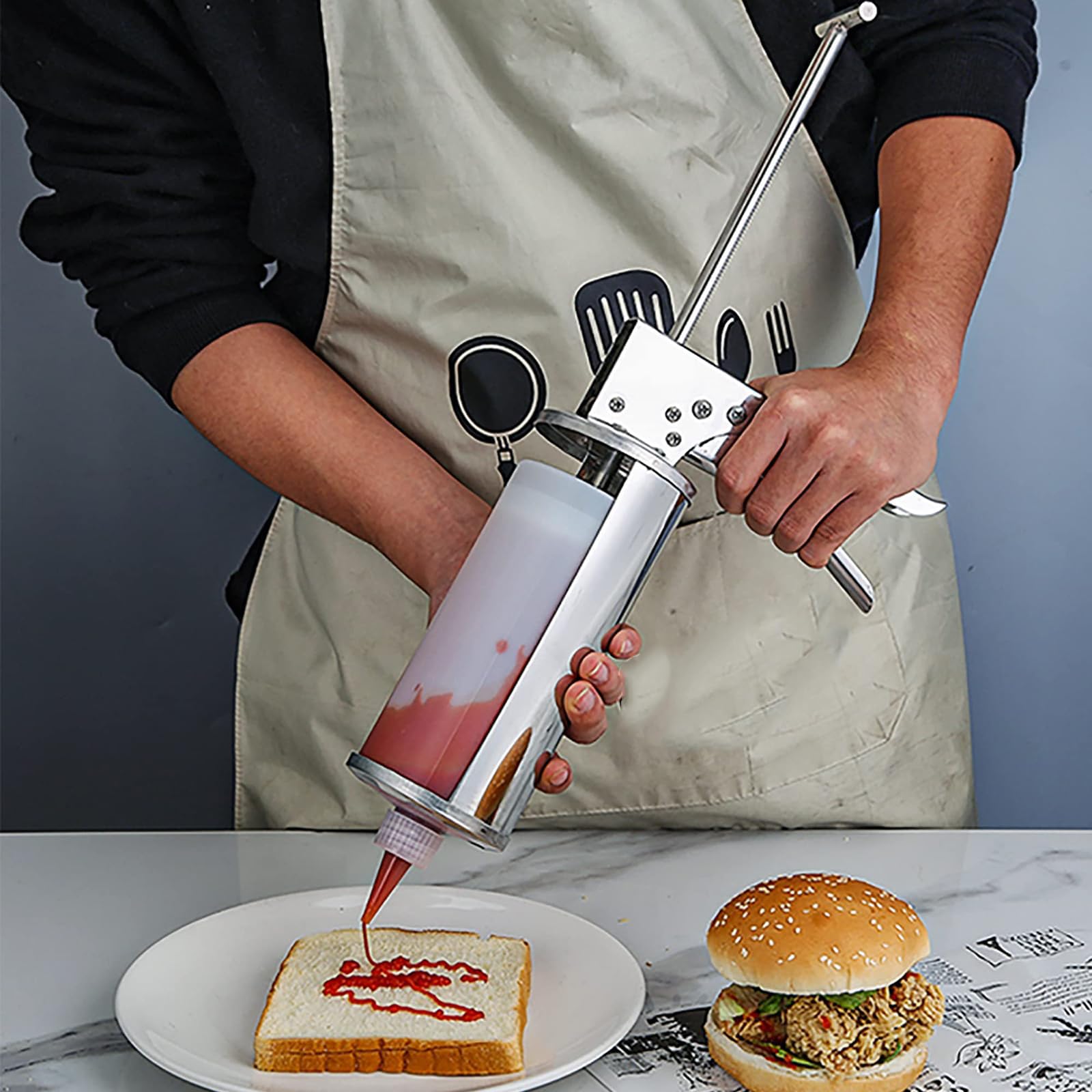 Dozownik Sosu Ilościowego, Pistolet Do Sosu Hamburgerowego | Z Butelkami Dozującymi O Pojemności 650 Ml, Łatwy W Obsłudze, Ergonomiczny Kształt, Do Musztardy, Pomidorów, Sałatek