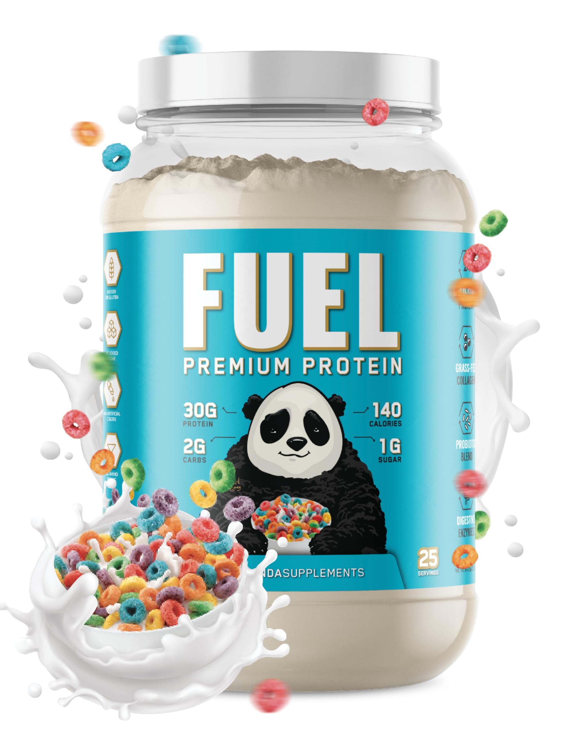 Underground Bio Labs Panda Fuel Premium Protein Whey,Hydrolyzed Collagen,Casein,Probiotics, Enzymes, Keto Friendly,Time Release, 25 Servings (2.5 Pound, Fruity Cereal)
