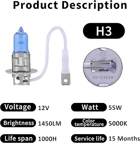 Miniatura 3 de Bombilla halógena H3 para faros delanteros H3 con luz súper blanca de larga vida útil de repuesto PK22S 12V55W (H3, 2 unidades)