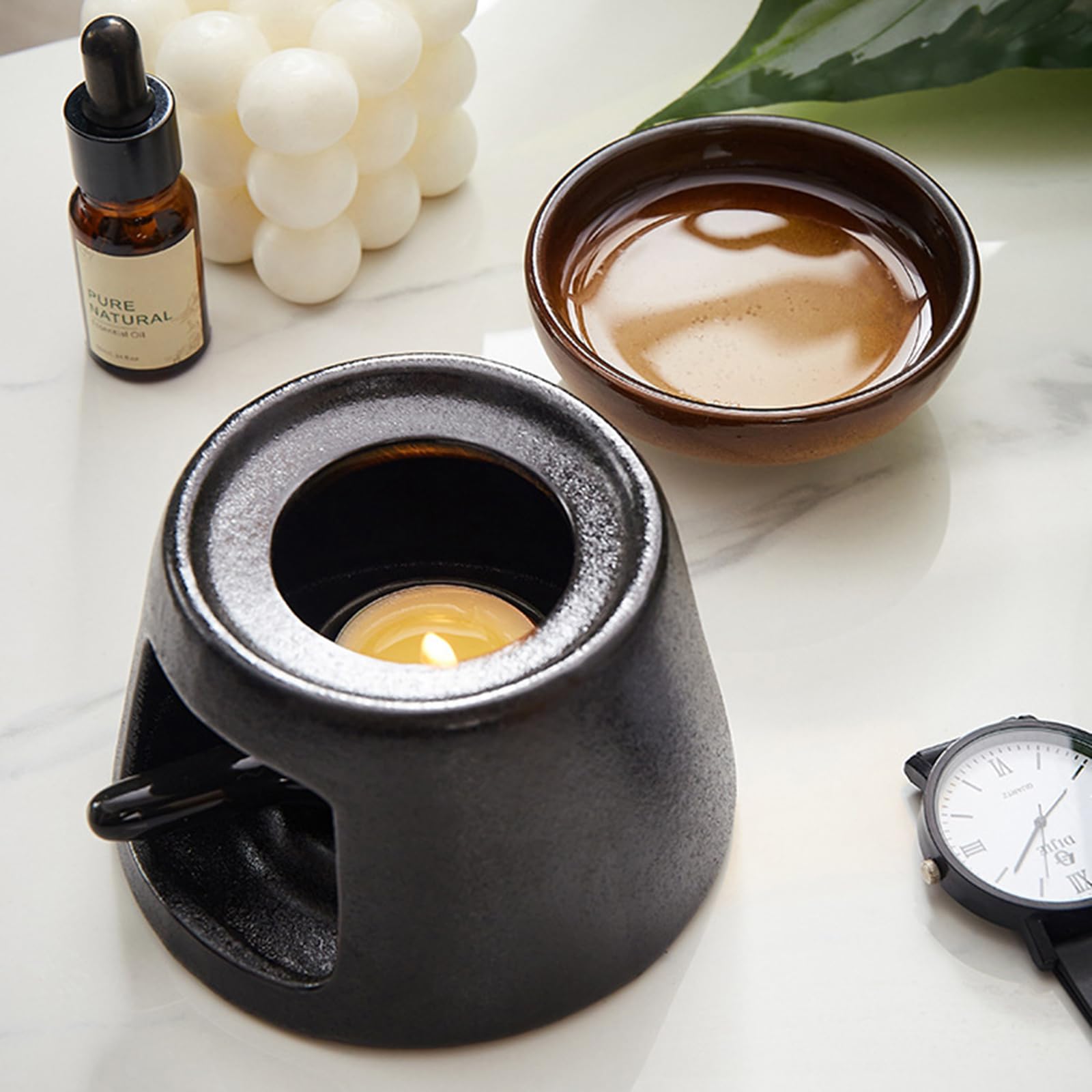 Quemador de aceite esencial de cerámica difusor de aromaterapia difusor con portavelas de té cuchara para hogar u oficina calentador de tazas de té de cerámica
