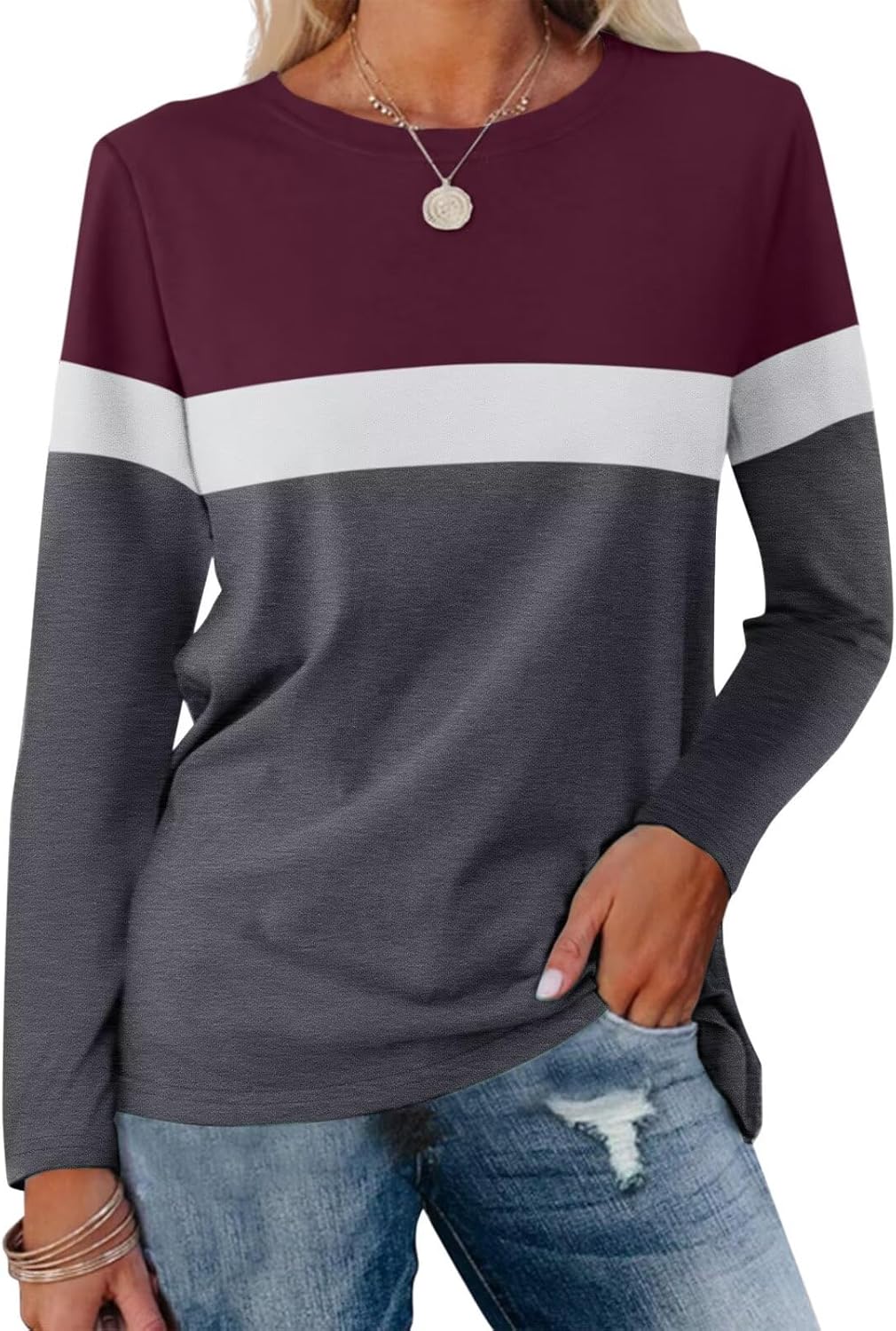 ORANDESIGNE Women's Long Sleeve Color Block Tunics Tops Casual Crew Neck Fall Shirts Blouses Wine Red-white-charcoal