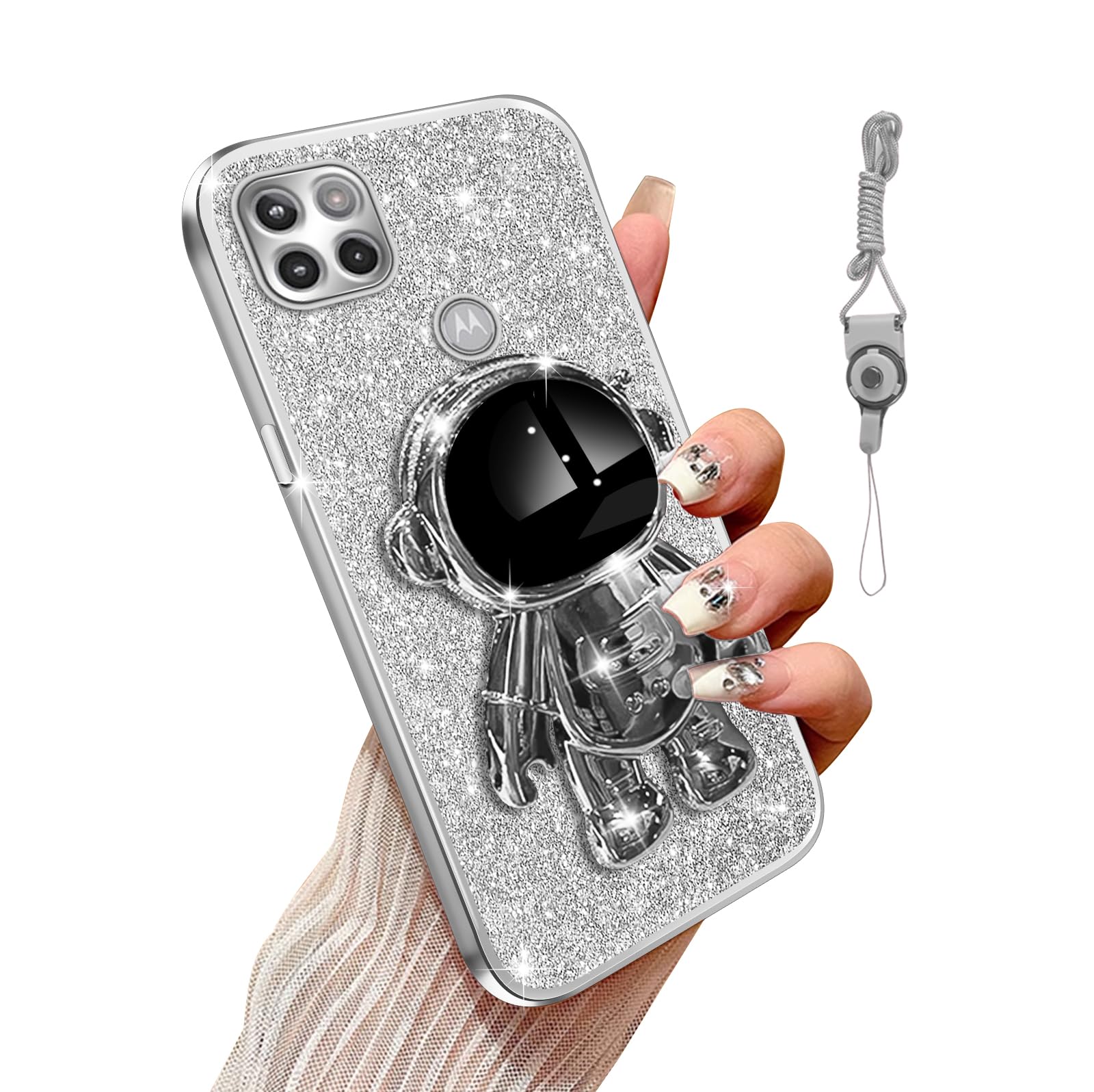 Photo 1 of Annyojo for Moto One 5G Ace Phone Case with 6D Astronaut Stand Function Shockproof Protective Soft Bling Luxury Plating Cover Case for Motorola One 5G Ace, Silver