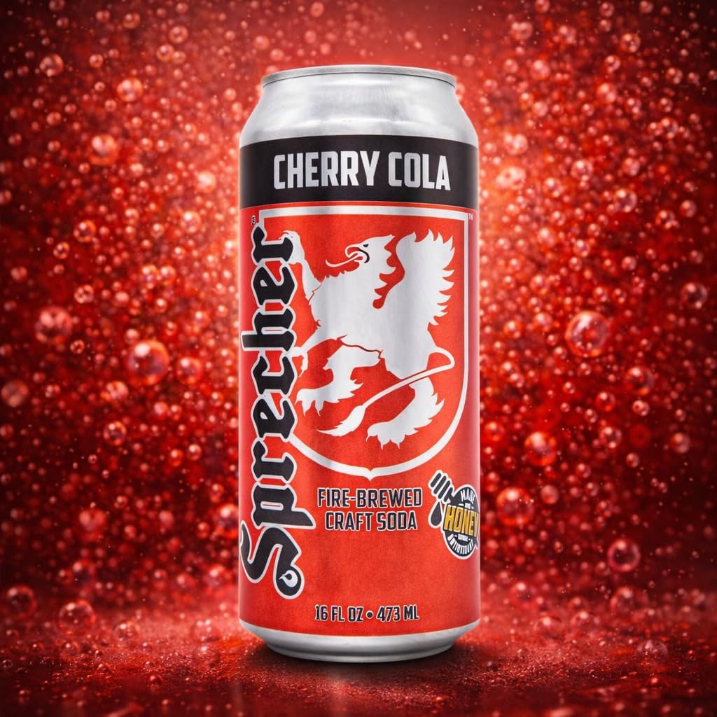Sprecher Cherry Cola in 16 fl oz Cans (12 Pack), Fire-Brewed Craft Soda with Real Honey & Door County Cherry Juice, Handcrafted Premium Cherry Soda, Caffeine-Free, Gourmet Beverage