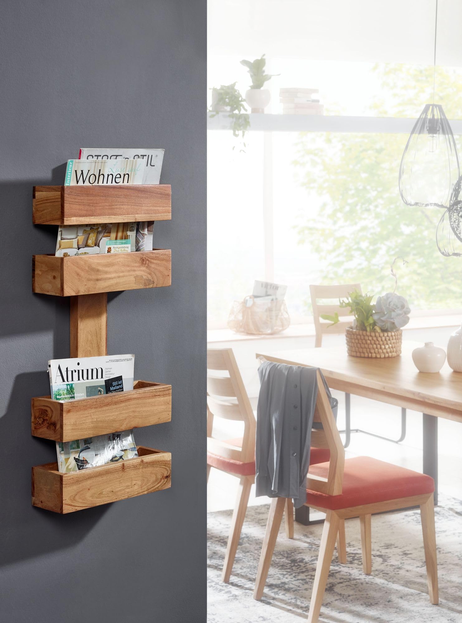 WOHNLING Zeitungsständer feuillus Acacia 2 magasins de Stockage Design de Stands Brochure Holder Country Style