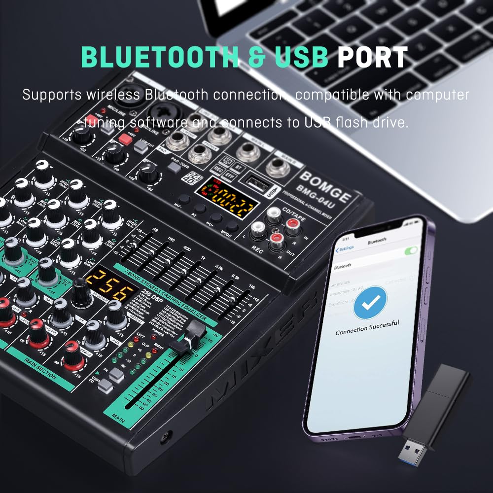 BOMGE - Mixer audio DJ professionale, DJ mixer a 4-8 canali, mixer audio Bluetooth, supporta ingresso computer USB/MP3/BT, 256DSP, alimentazione phantom da 48 V adatto per registrazione di streaming