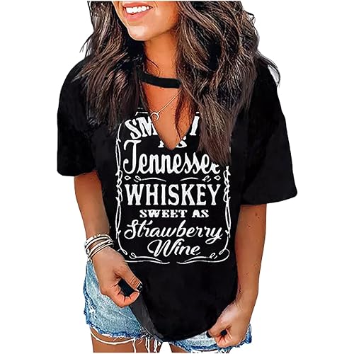 Smooth as Tennessee Whiskey Sweet as Strawberry Wine Shirt Women Country Music Tee Letter Print Drinking T-Shirt