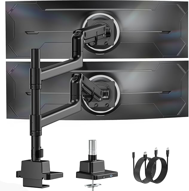 MonTEK 17-57 Inch Dual Ultrawide Moniteur Bras pour Jusqu'à 59.4lbs Écran, Support de moniteur réglable en aluminium à ressort à gaz lourd et incliné verticalement,75/100mm Mont Vesa, noir