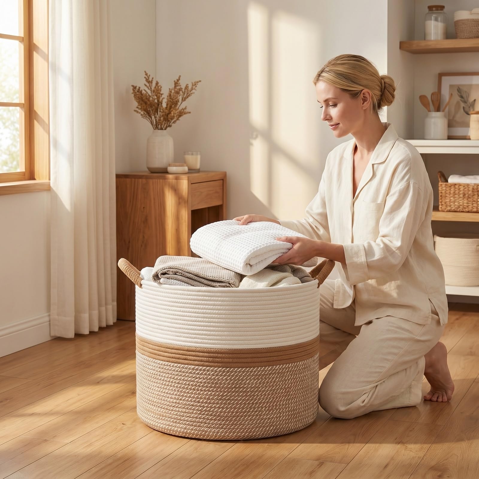Levede Linen Drawstring Laundry Basket — Warm Beige - Front View