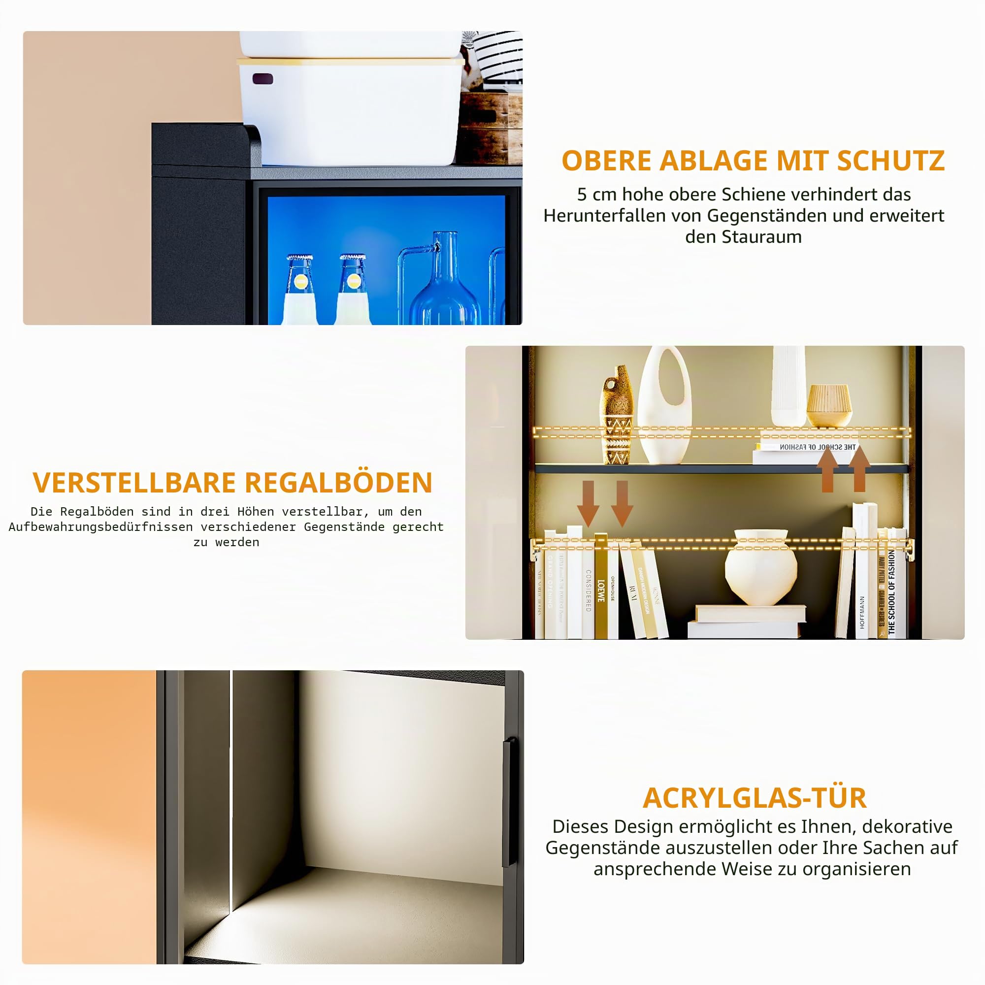 Vitrine mit LED Beleuchtung - Sammlervitrine, Vitrinenschrank mit Intelligente Sensorik, 5 Höhenverstellbaren Böden und Acryltür für Wohnzimmer,Schlafzimmer Büro,Studie,Schätze,Schwarz