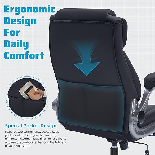 Miniatura 6 de Silla de oficina grande con respaldo alto con brazos abatibles, silla de escritorio ejecutiva con ruedas de bloqueo, soporte lumbar ajustable, silla