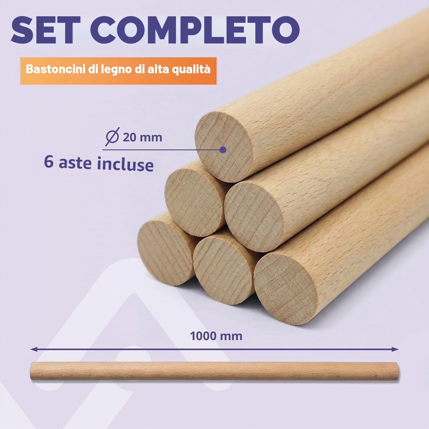 vasalat Bacchette in legno liscio per fai da te, 100 cm x 20 mm, 6 pezzi