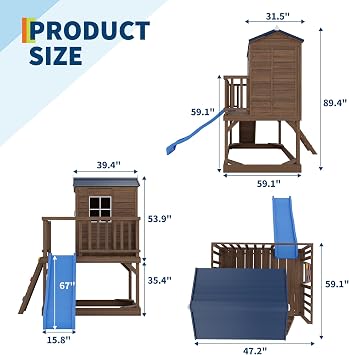 Kids Outdoor 2-Story Cedar Playhouse with Slide, Sandbox & Step Ladder