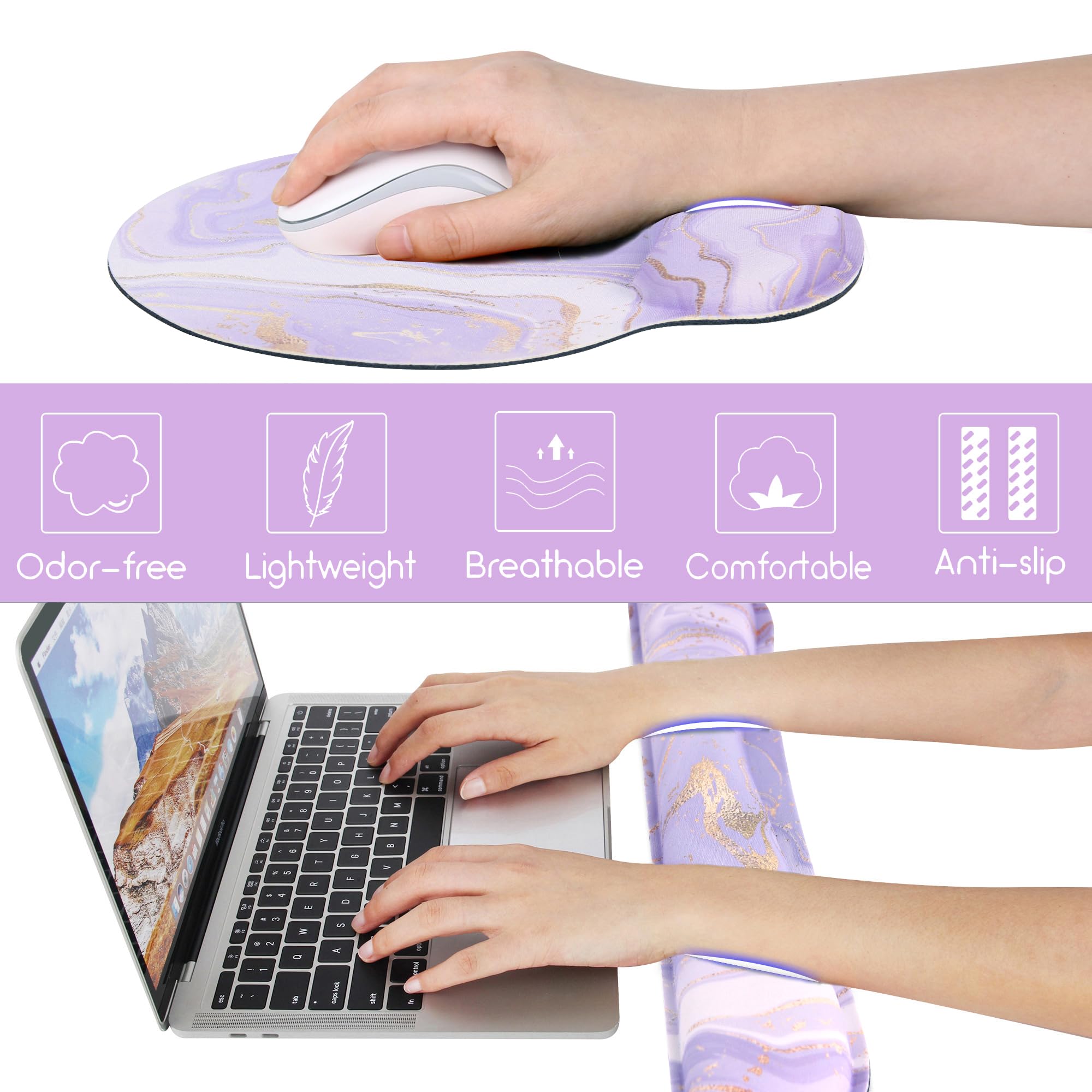 G JGOO Alfombrilla ergonómica para mouse y reposamuñecas para teclado, espuma viscoelástica, mármol morado
