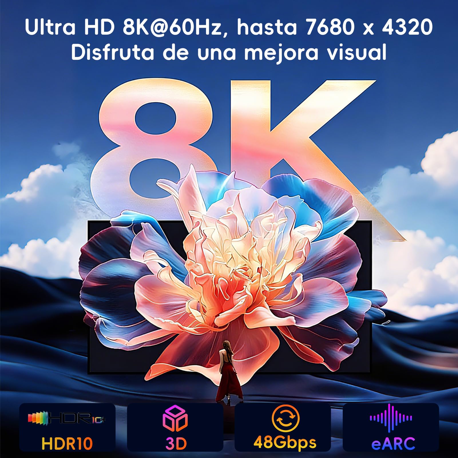 Kryoza Cable HDMI 5 metros,Cable HDMI 2.1 5m 8K@60Hz 4K@120Hz 7680P Ultra Alta Velocidad Soporta HDR10 3D eARC HDCP2.2&2.3,Compatible con PS5/4 X-Box/HDTV/Blu-ray Player/Proyector/Monitor/PC — view 2