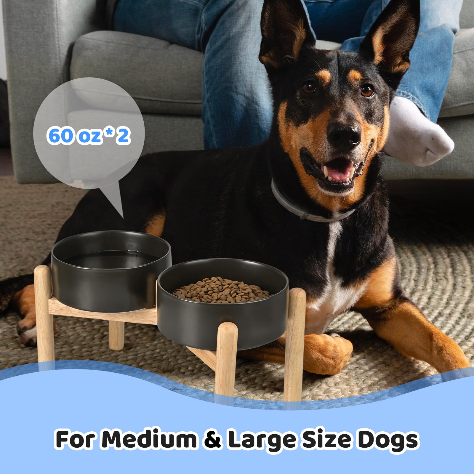 SPUNKYJUNKY Gamelle surélevée en céramique avec support en bois pour chien de taille moyenne et grande - Gamelle d'alimentation et d'eau pour animaux domestiques (double gamelles de 1,70 g, noir)