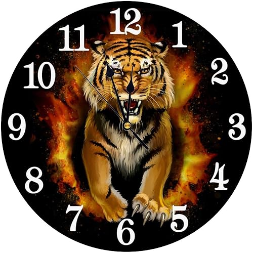 Roar Tiger - Reloj de pared con pilas, silencioso y redondo, decoración de pared de animales, para el hogar, oficina, escuela, 9.8 pulgadas