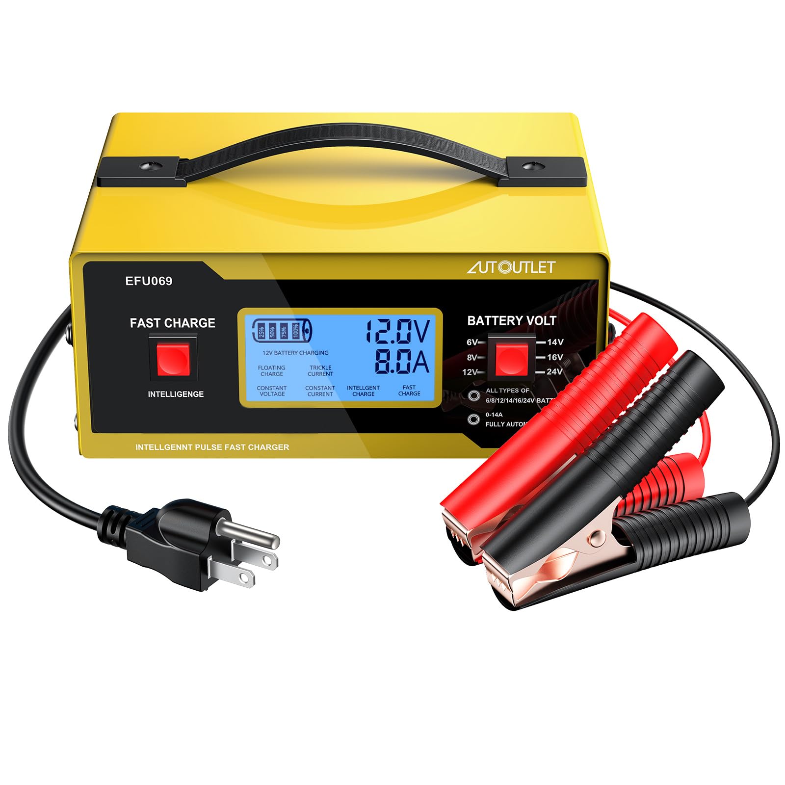 AUTOUTLET Upgraded 6/8/12/14/16/24V Battery Charger Automotive Smart Car Battery Charger and Trickle Maintainer 0-14A Fully Automatic
