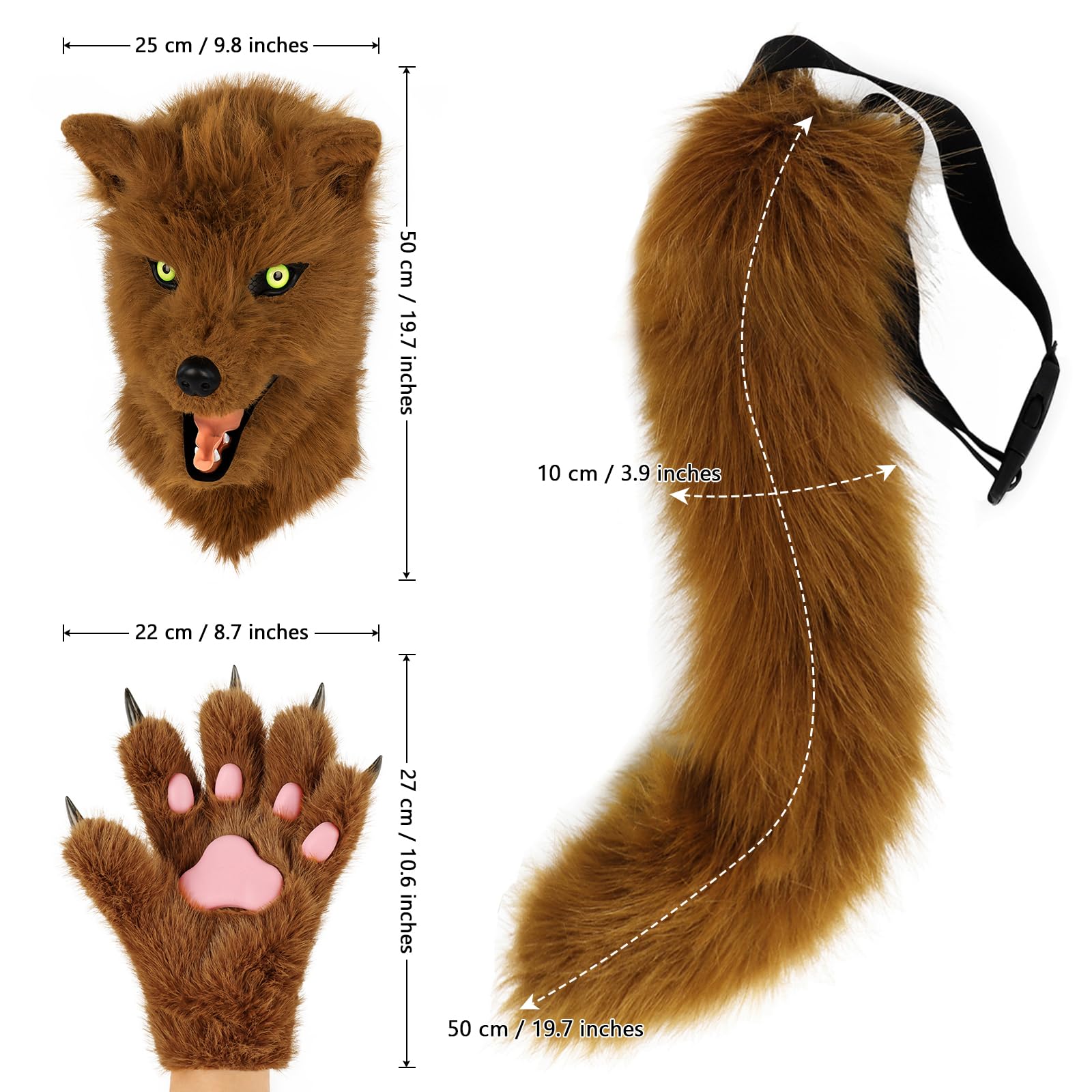 Máscara de cabeza de perro con forma de animal novedosa con forma de garra de cola de felpa, guantes y guantes para fiesta de Halloween, disfraz de cosplay