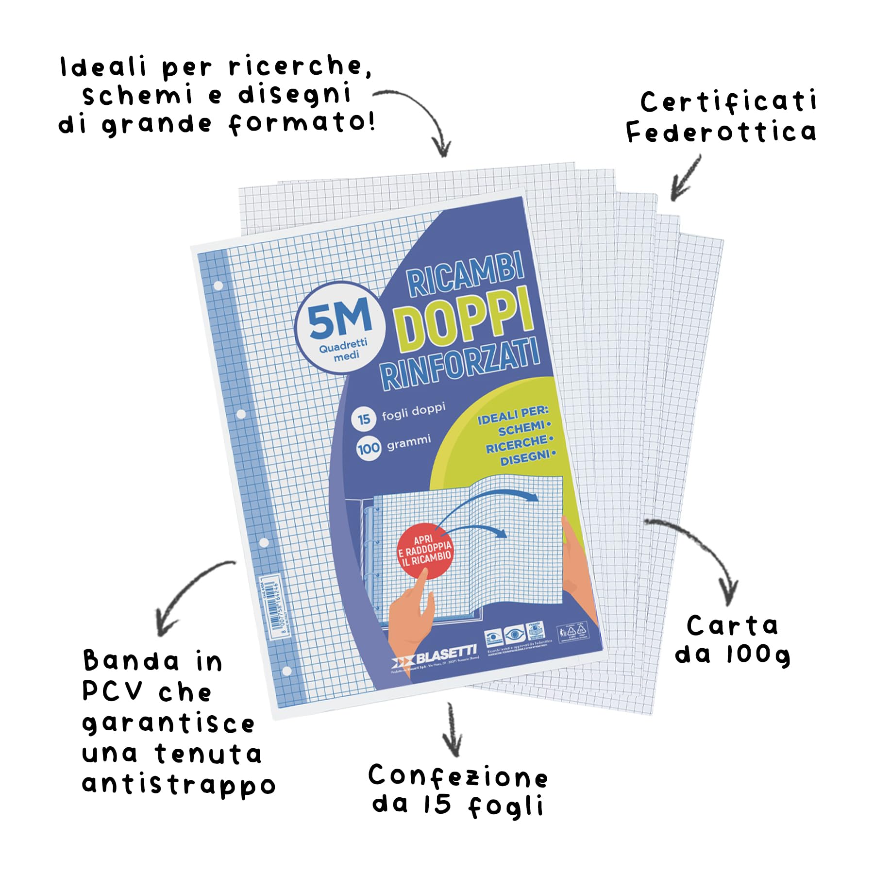 Blasetti Ricambi DOPPI Fogli A4 100gr con fori archiviazione