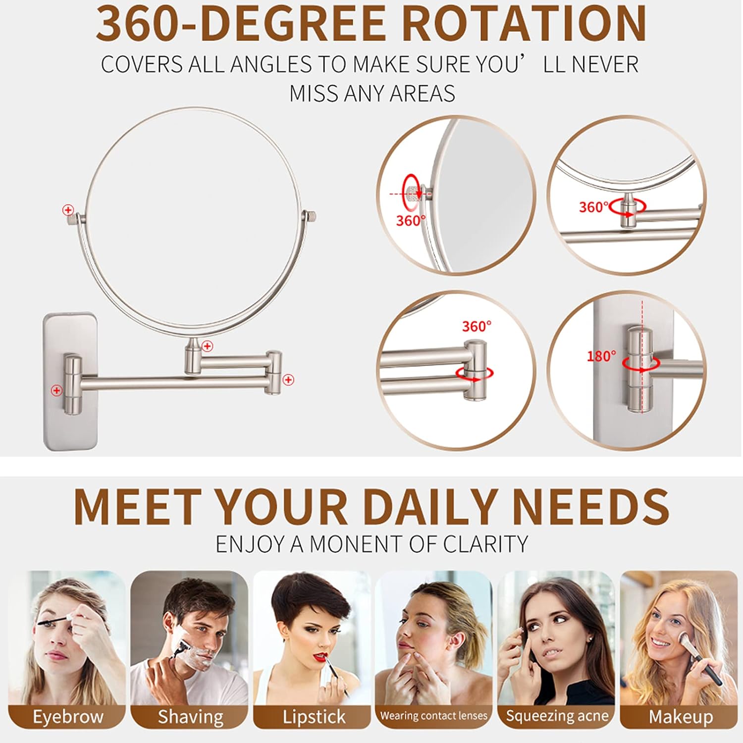 壁掛け化粧鏡、8インチ両面拡大鏡シェービングミラー、拡張アームバスルームラウンドバニティミラー,Chrome,7X(Nickel,1 【ラウンドレインフォールシャワーヘッド】