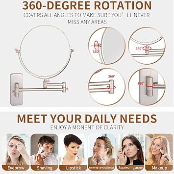 6 Wall Mounted Makeup Mirror with Magnification, Double Sided Magnifying Mirror, Extendable Cosmetic Vanity Mirror for Bathroom,Brushed Nickel,5X