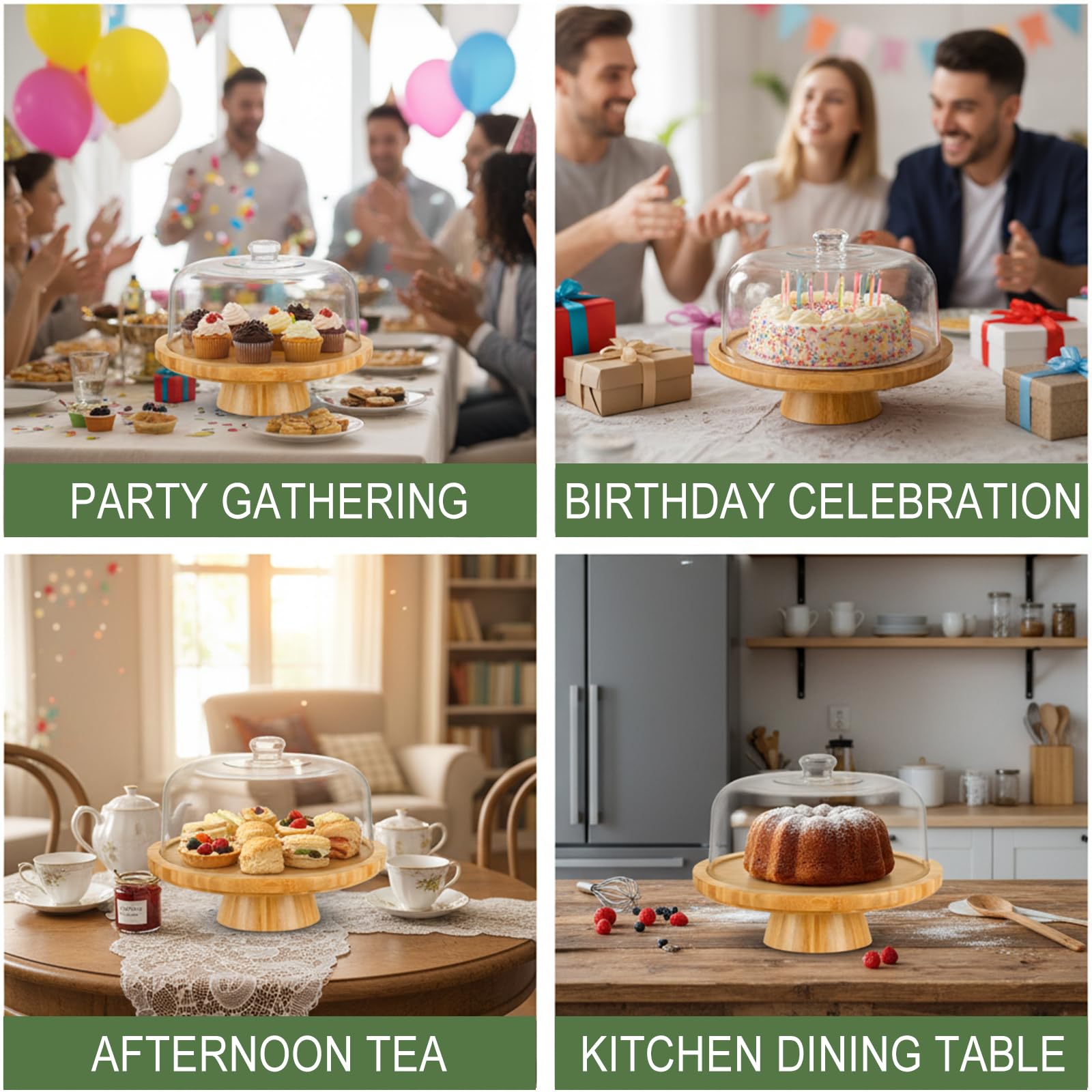 LOMUG Présentoir à gâteau 6 en 1 avec couvercle, plateau à gâteau en bambou avec support, cloche à gâteau polyvalente pour gâteaux, gâteaux, cupcakes et desserts