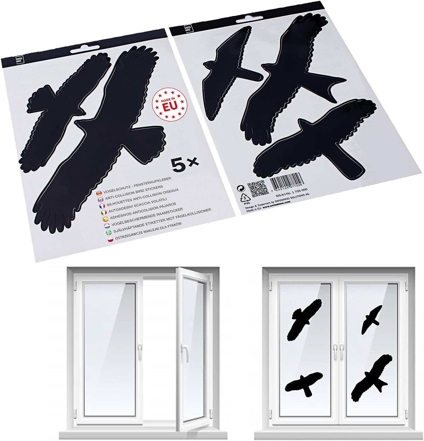 SWISSINNOBird Window Stickers โ Set of 5 Black Silhouette Stickers โ Prevent Bird Collisions on Glass and Windows โ UV-Resistant and Easy to Apply โ Bird Protection for Glass Doors and Panes