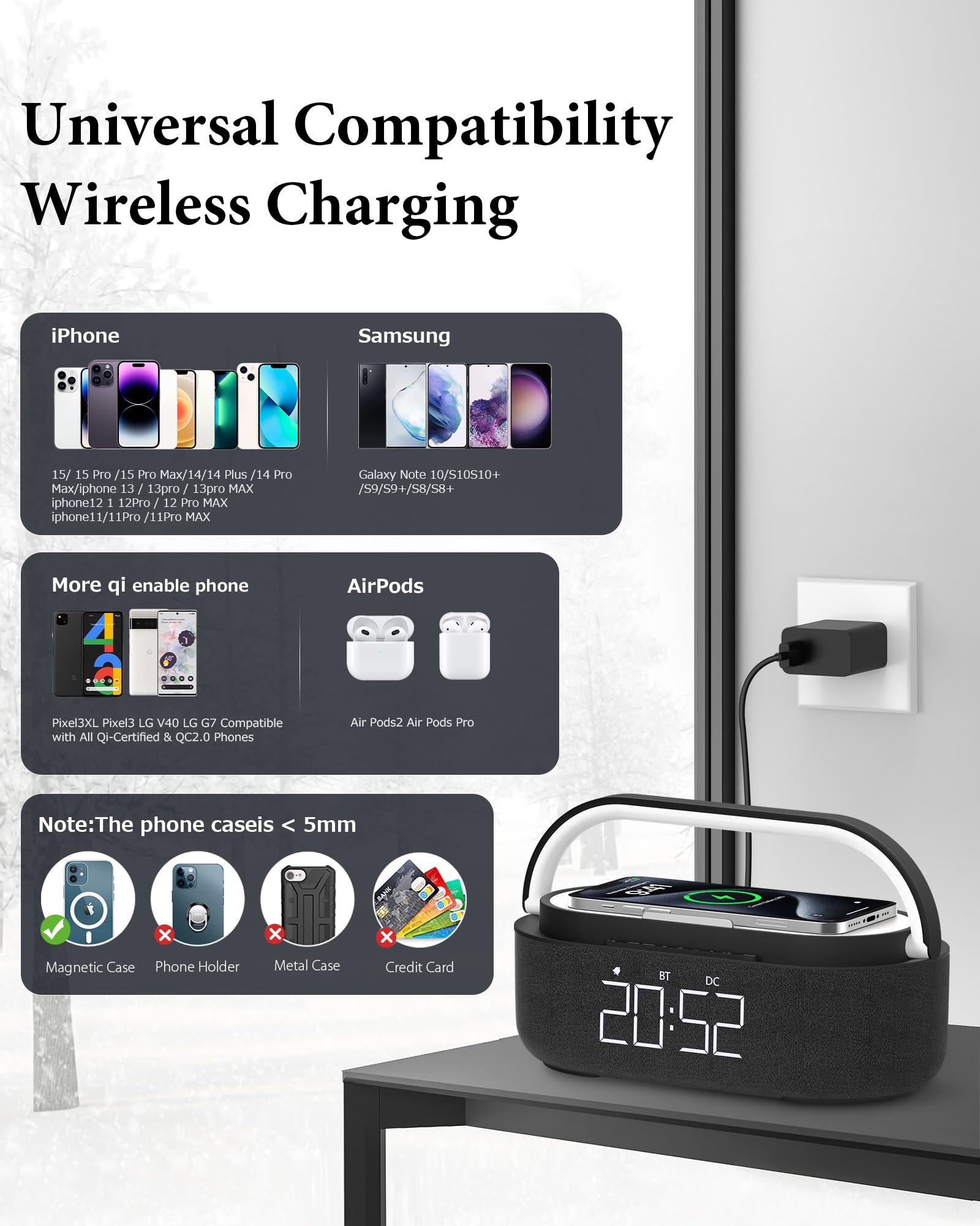 COLSUR Radiobudzik cyfrowy z bezprzewodową ładowarką, głośnik Bluetooth z ładowarką USB, inteligentny budzik, funkcja drzemki, indukcyjna stacja ładująca, lampka nocna, ściemniany wyświetlacz LED i