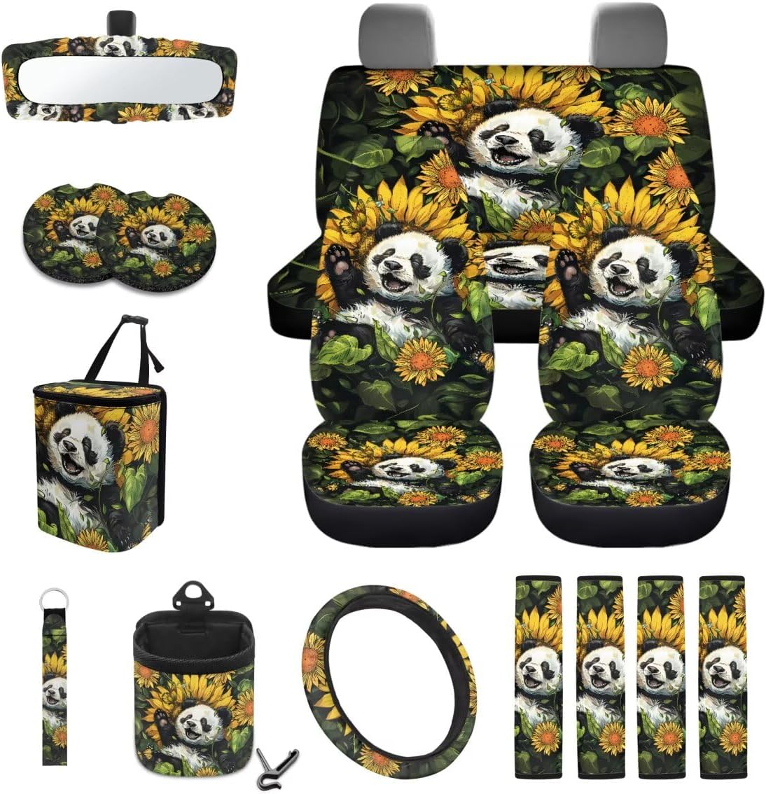Panda Sunflower Print Car Accessories Set Car Seat Covers Seat Belt Strap Pad Steering Wheel Cover Air Vent Storage Bag Rear View Mirror Cover Trash Cans Coasters Keychain, 15 PCS