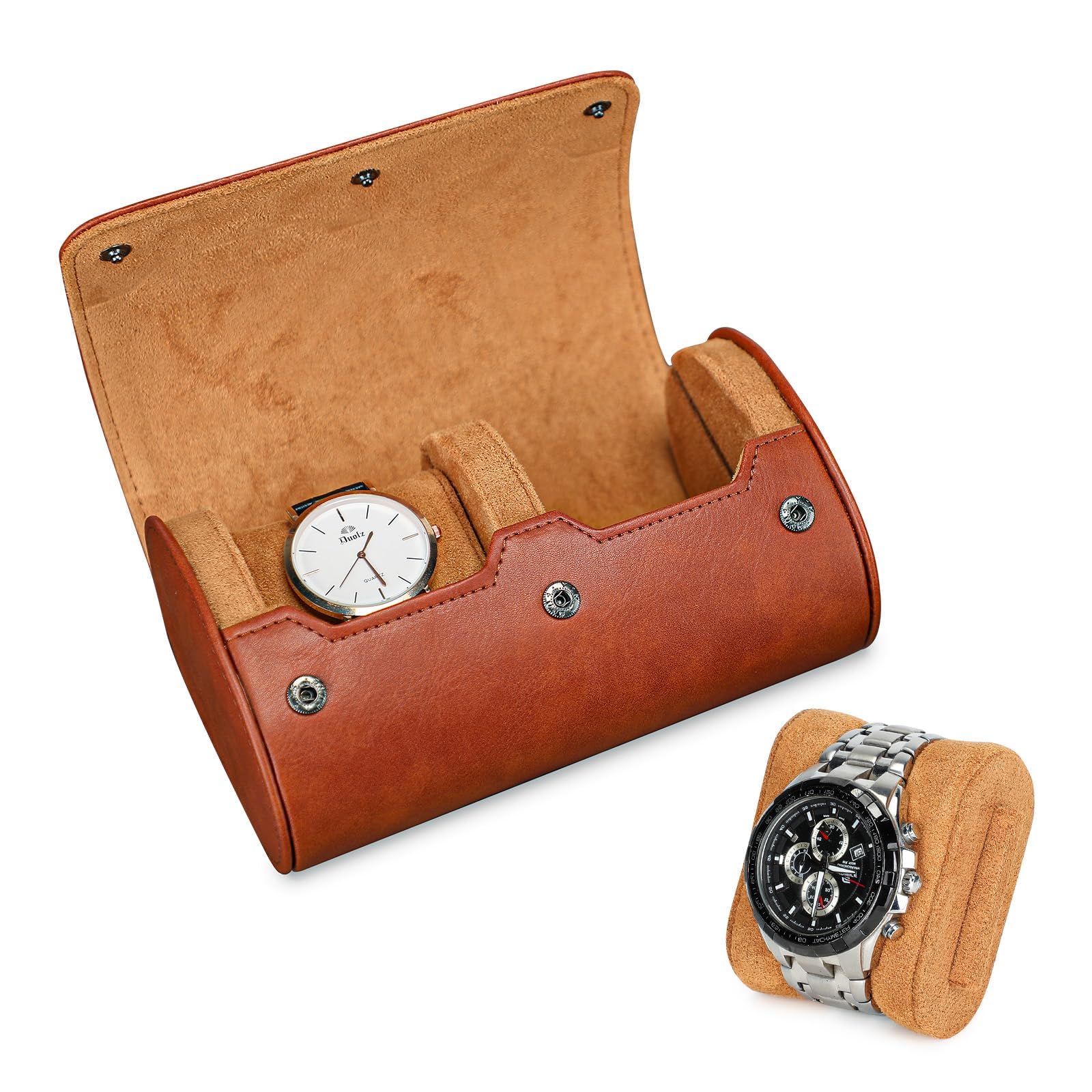 VINBAGGE Boîte à Montres pour Homme 2 Emplacements - Étui de Voyage Rouleau Montre - Organisateur Rangement Cylindrique en Cuir PU - Coffret à Bijoux Vintage Idée Cadeau Noël Anniversaire