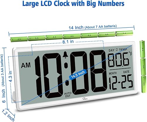 Miniatura 5 de WallarGe Reloj de pared digital grande de 14.5 pulgadas, funciona con pilas, con números gigantes, temperatura y fecha, fácil de leer y configurar,