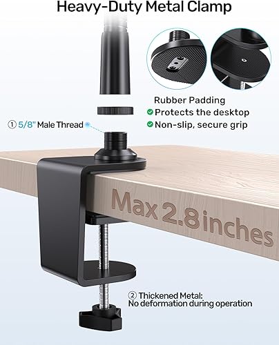 Miniatura 5 de 19-Inch Gooseneck Mic Stand for Desk - Clamp On Desktop Microphone Arm with Heavy-Duty Table Clip, 5/8" to 3/8" & 1/4" Adapters Included, Ideal for