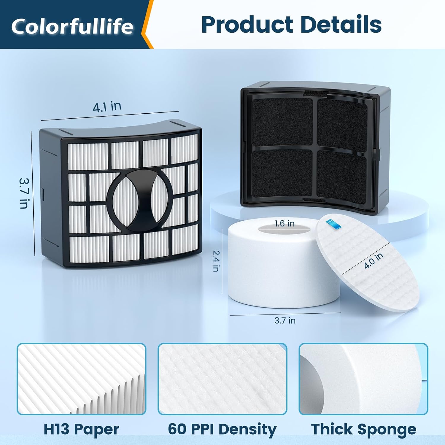 Image showing the individual components of the Colorfullife filter kit, including a HEPA filter, a foam filter, and a felt filter, with dimensions.