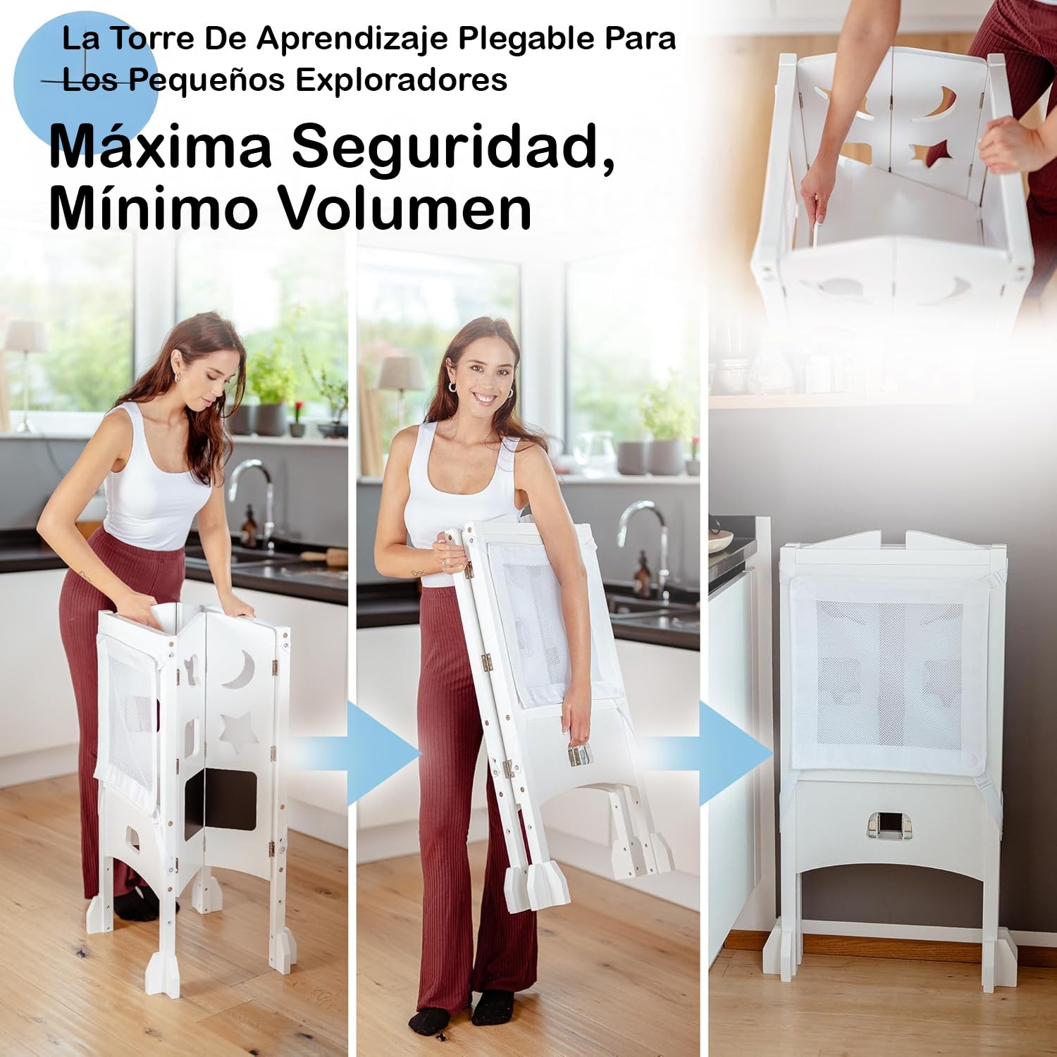 Torre de Aprendizaje Desde 1 año – Torre Plegable con Red de Seguridad de 360° – Learning Tower Extremadamente Estable y Robusta – Entrega preensamblada con protección antivuelco (Blanco)
