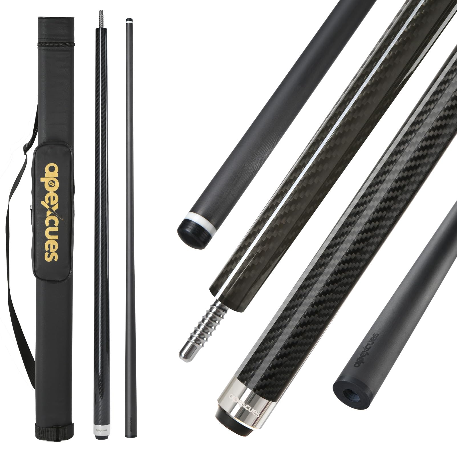 apexcues Carbon Fiber Pool Cue - 11.5mm Tip 58'' 19 20 21 oz Adjustable Weight System 3/8x8 Pin Billiard Cue Stick Low-Deflection Billiard Shaft, Carbon Fiber Pattern