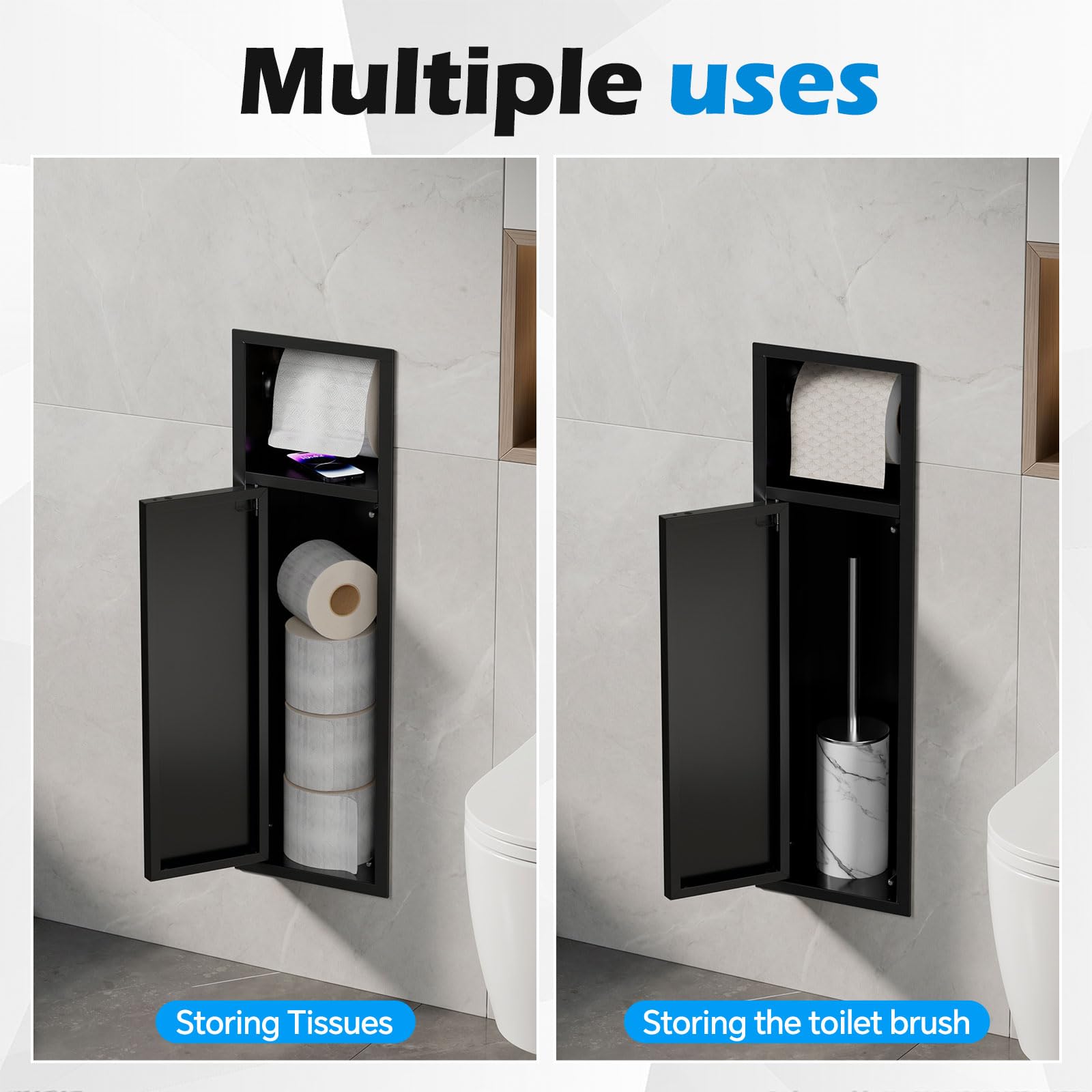 MSFE Portarrollos de Papel Higiénico Empotrado,Módulo de Armario Empotrado para Baño de Acero Inoxidable para Guardar Papel Higiénico y Escobilla de Baño en el Baño,Apertura a Presión,63x17.8x15CM