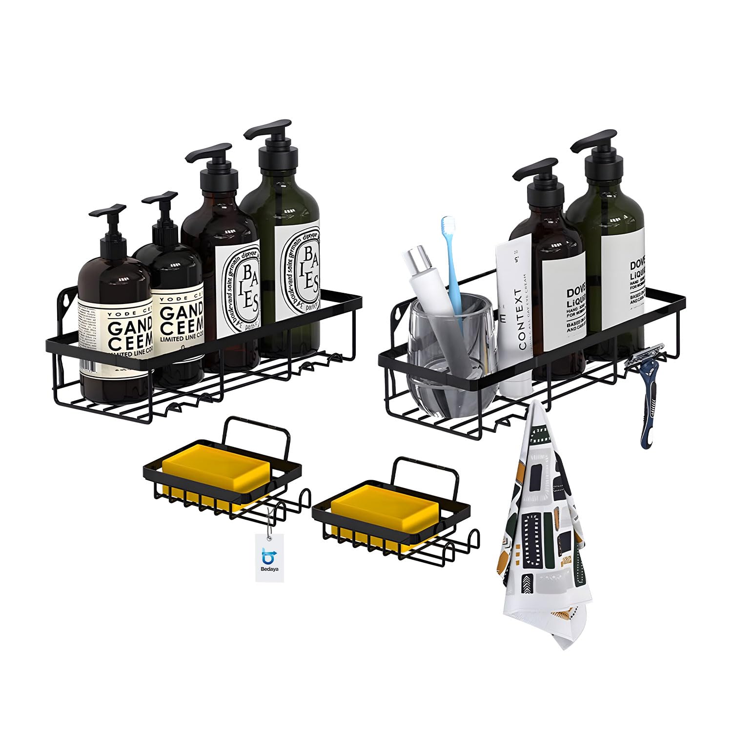 BEDAYA 4-PC Iron Art Wall-Mounted Bathroom Storage Rack Set-Punch-Free Organizer with Hooks, Modern Wall Shelf for Toiletries and Bathroom Accessories, Easy No-Drill Installation, Durable Design Black